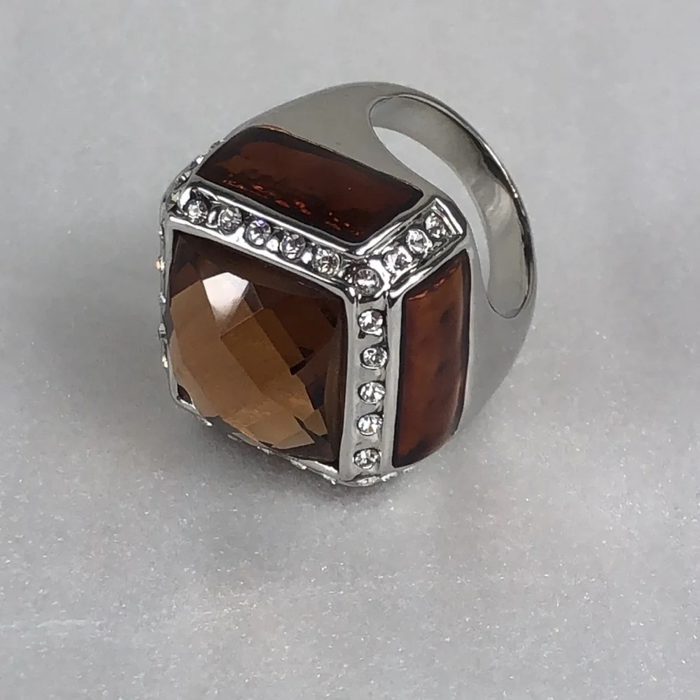 Smoky Quartz Ring Men's Size 8 Square Simulated Stones Faceted Silver Tone Band
